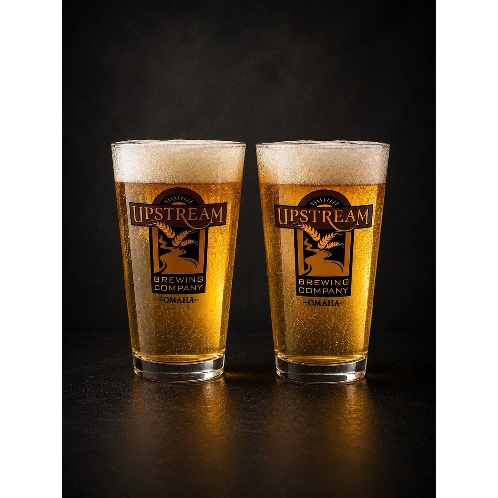 Set of 2 Vintage Upstream Brewing Company Omaha Pint Glasses –Craft Brewery Beer